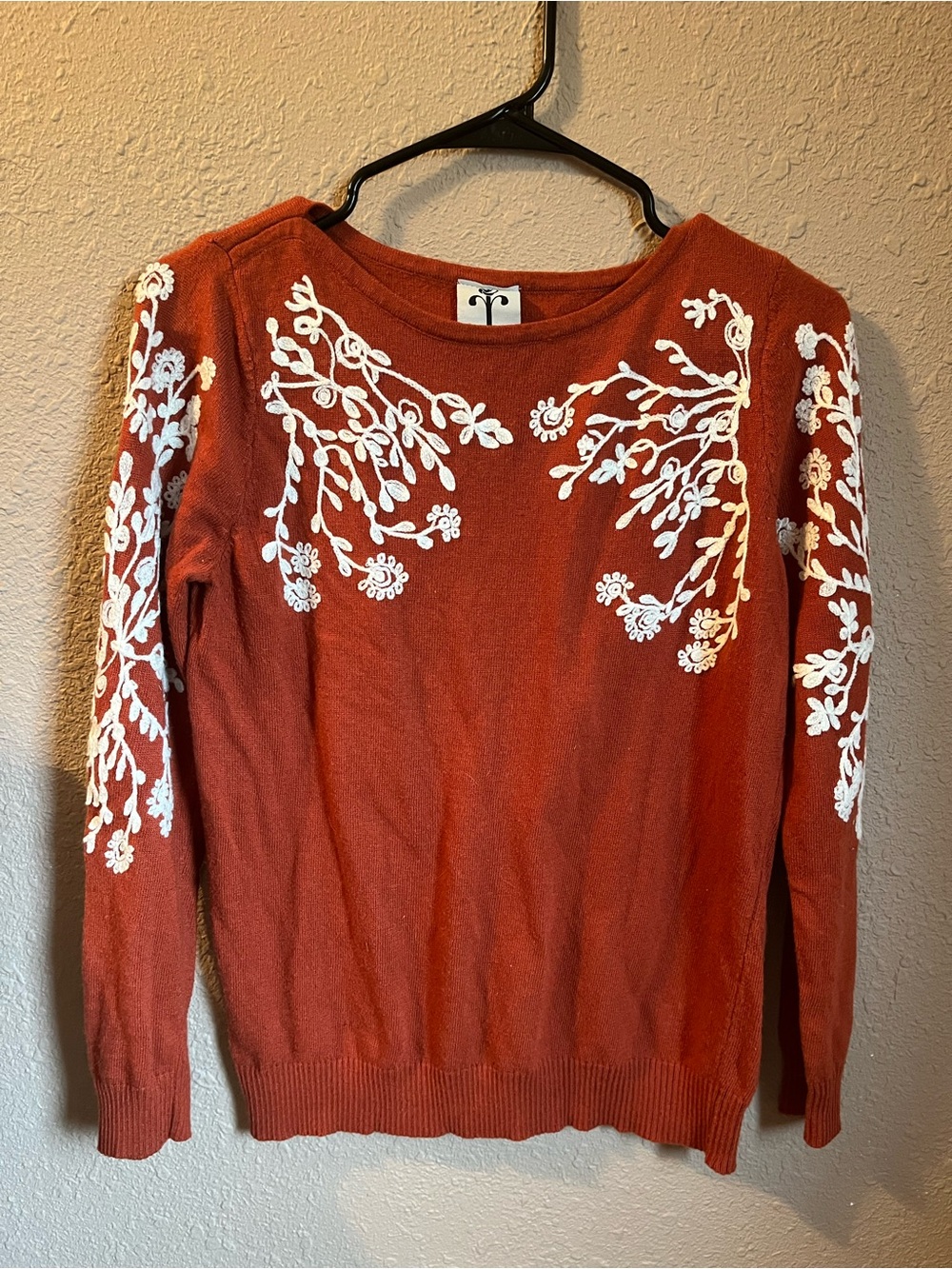 Cottagecore Boho floral Angora crochet Rust crew neck long sleeve